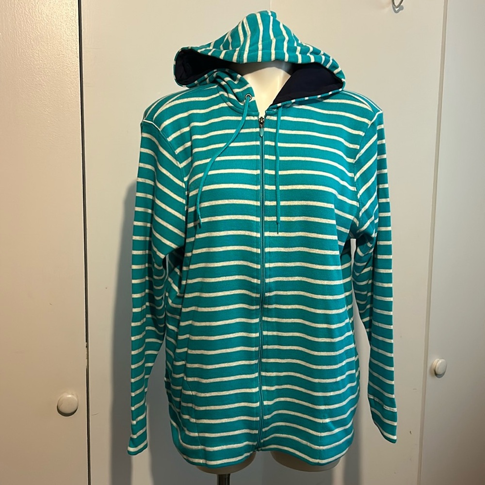 LLBean teal striped zip up cotton hoodie pockets casual cozy nautical spring